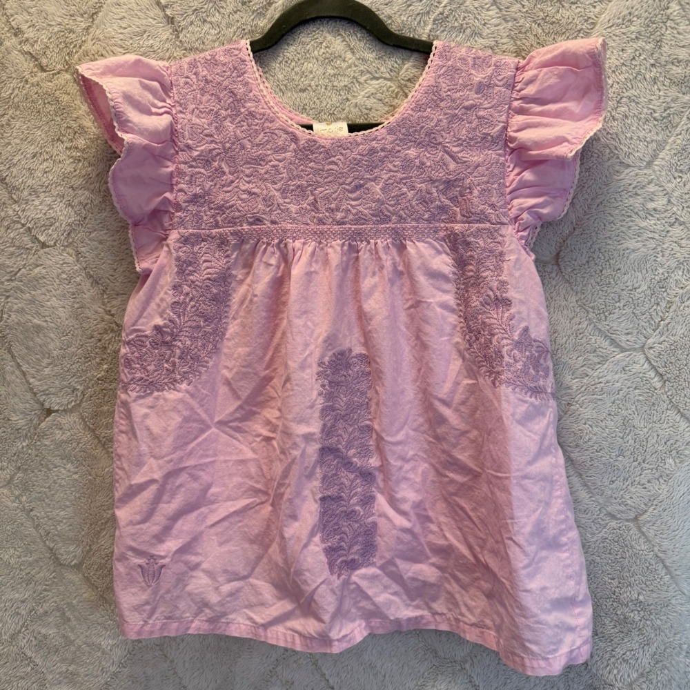 J Marie Pink Cottagecore Coquette Embroidered Flutter Sleeve Cotton Blouse Top M